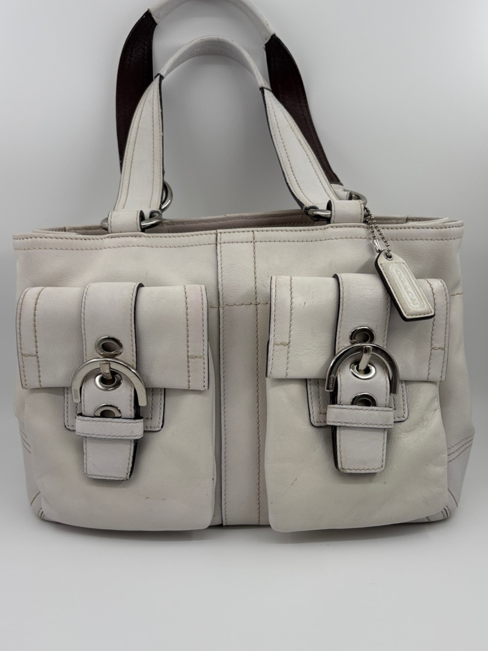 Coach Cream Leather Dual-Pocket Shoulder Bag with Silver Hardware